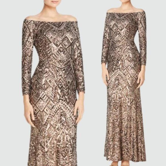 Brown Evening Dress XS Long Gown Sequin Off The Shoulder Maxi Allover Formal USA - Picture 1 of 11